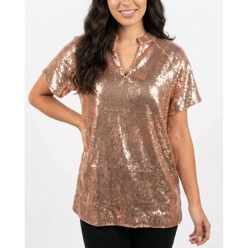 NEW LAYERZ CLOTHING v-neck sequin top in rose quartz